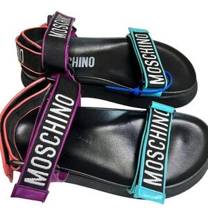 Moschino  Men multicolor logo grip strap sandals sz 39 8.5 women, 6.5 men